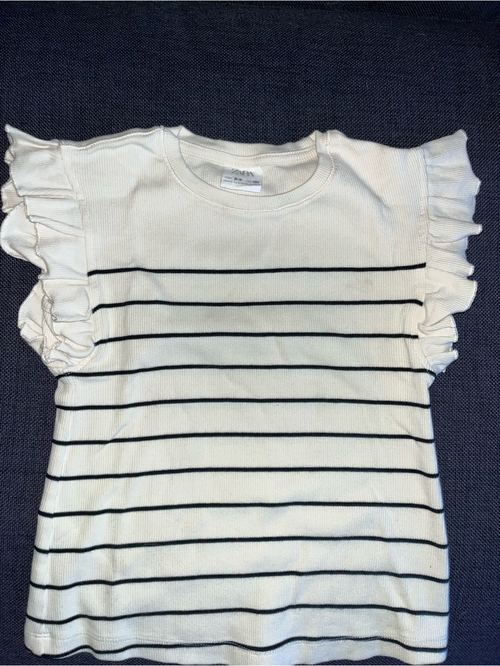 Zara White Tee with Navy Stripe Ruffle Sleeves